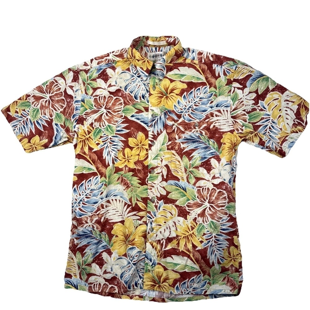 Campia Moda Hawaiian Shirt Mens S Rust Yellow Floral‎ Tropical Cotton Pocket VTG